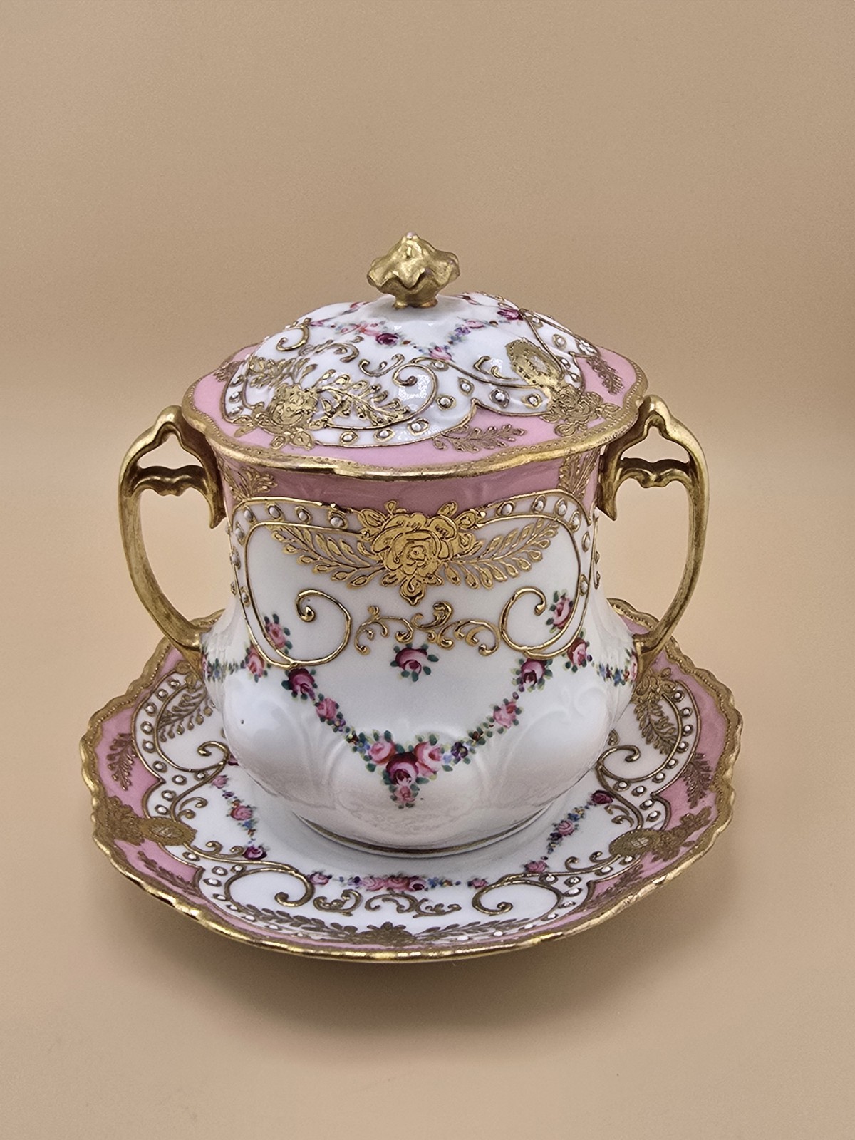 Noritake Nippon Condensed Milk Jar Lid Pink Heavy Gold Trim & Roses Porcelain