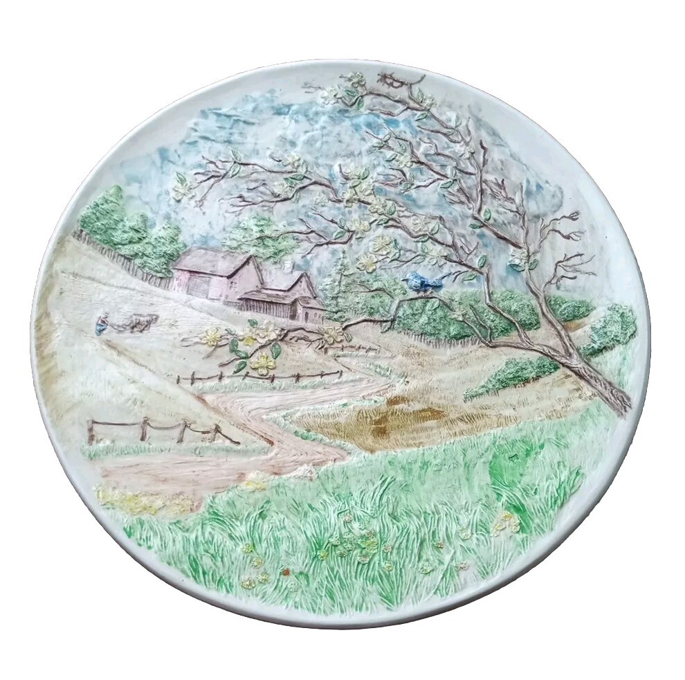 Vintage Byron Mold Season Ceramic Wall Plate Spring Scene 1972 Hand Painted 13”