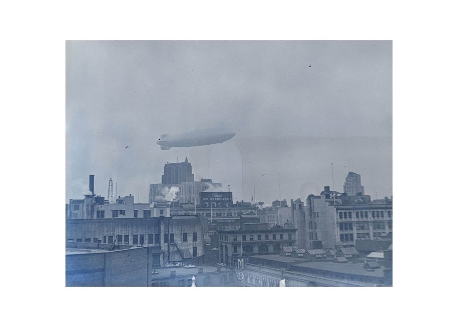 1932 Glass Plate Negative Boston Skyline Airship Blimp Dirigible Filenes AKRON