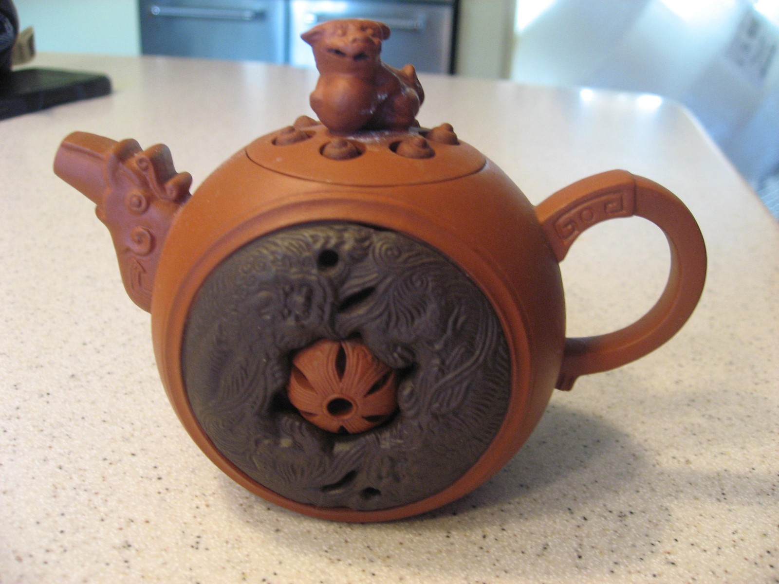 Chinese Yixing Zisha Small Clay Teapot with Foo Dog Lid Signed YuanFang Chinese Yixing Zisha Small Clay Teapot with Foo Dog Lid Signed YuanFang