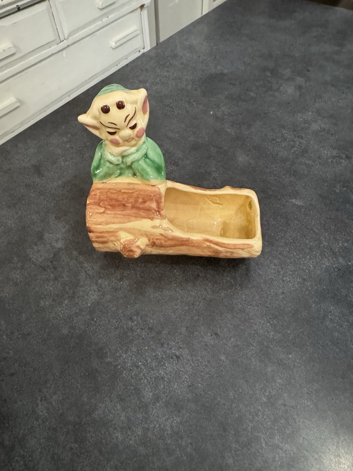 Small Vtg Elf Kneeling Next to Log Figural Planter Walker Pottery California USA