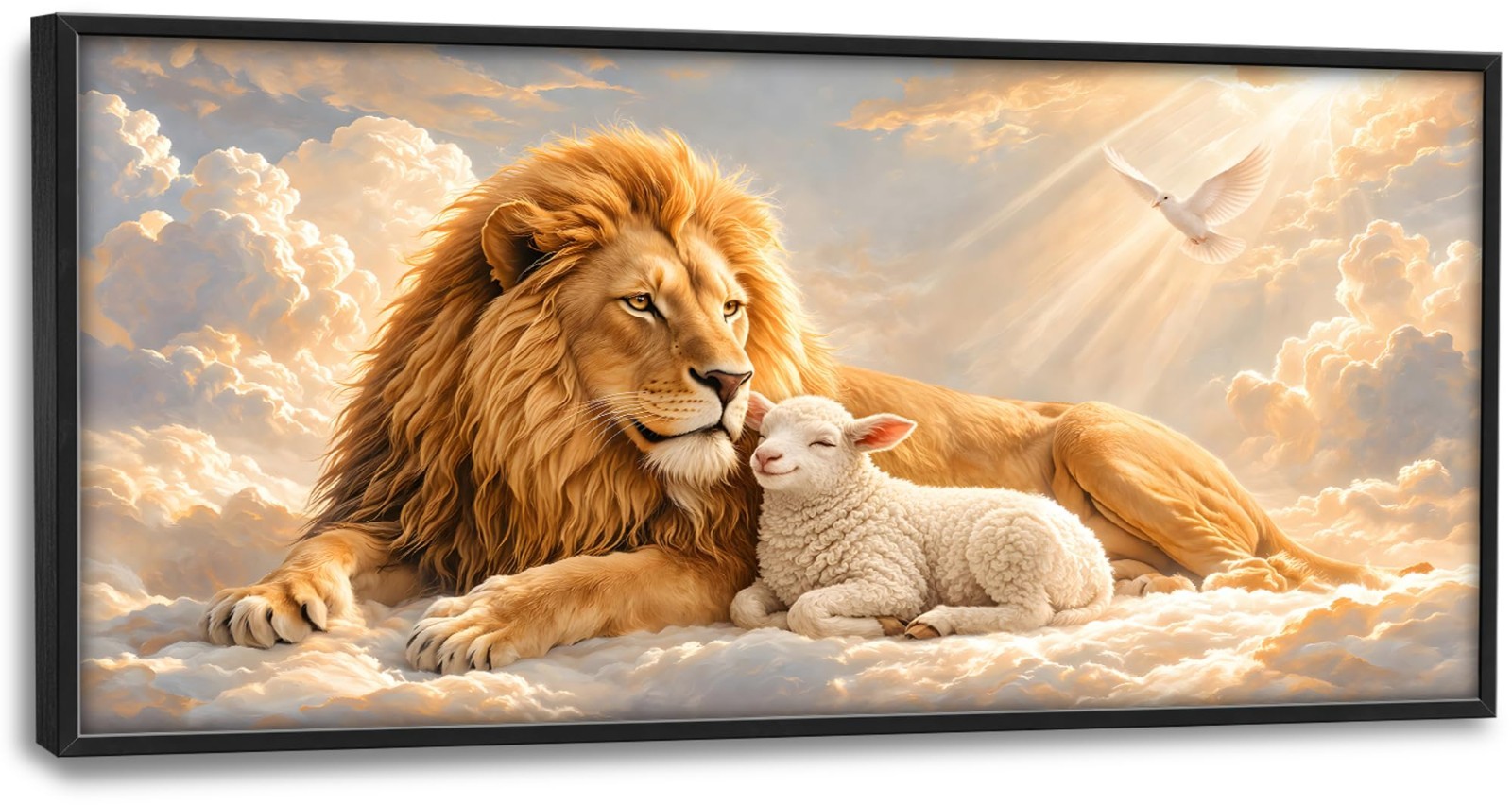 Lion and Lamb Christian Canvas Wall Art Framed 60x30in Lion of Judah Decor