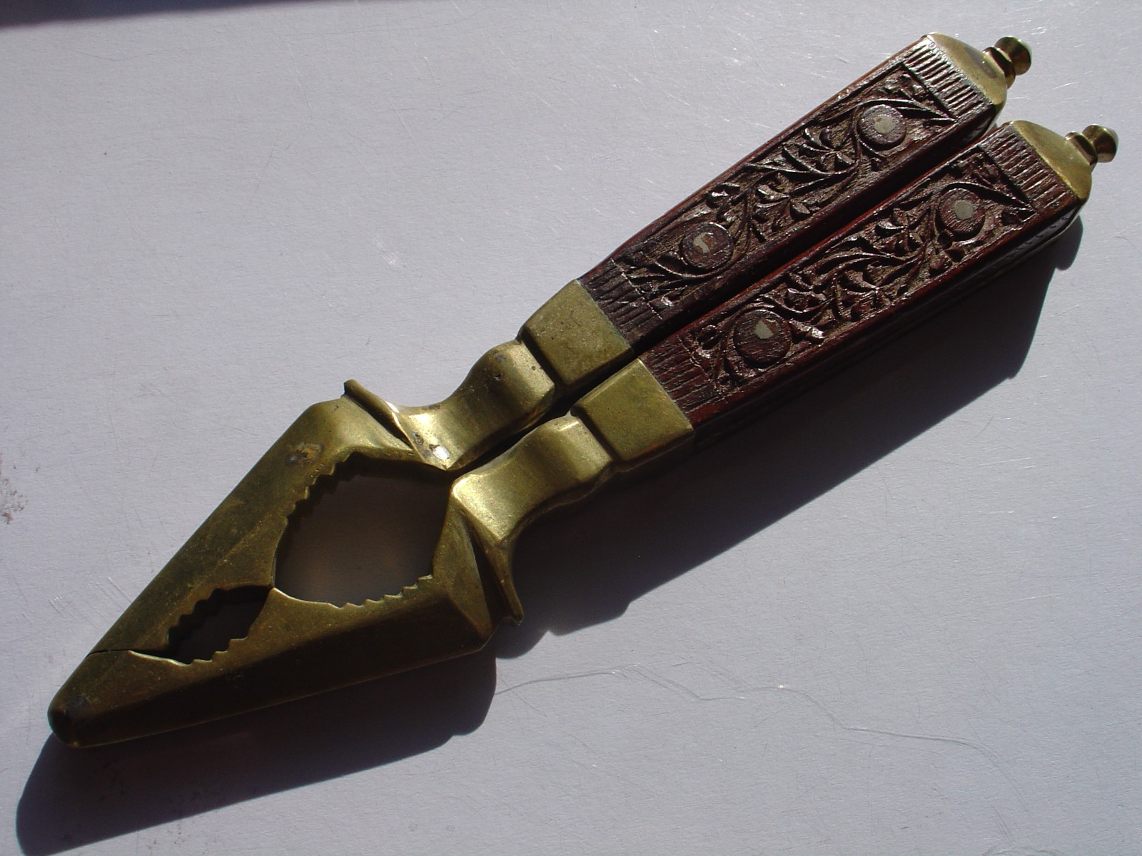 Vintage Mid-century Asian India Brass & Ornate Carved Wood Handheld Nutcracker