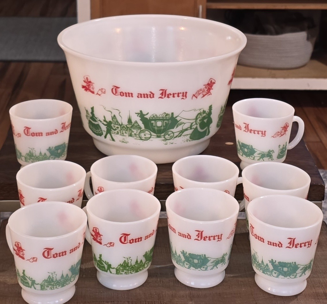 Vintage Hazel Atlas Egg Nog Tom Jerry Punch Bowl Set 10 Cups MCM Retro Christmas