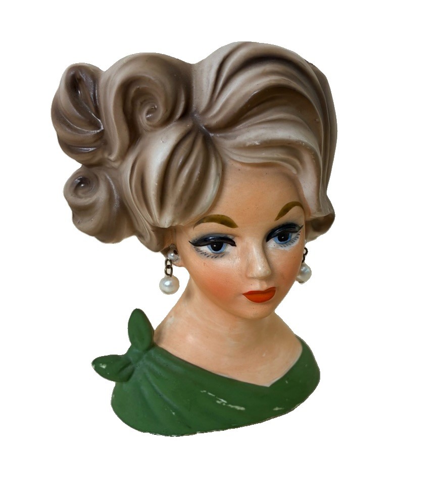Napcoware Japanese Lady Head Vase C7313 Green With Pearl Earrings