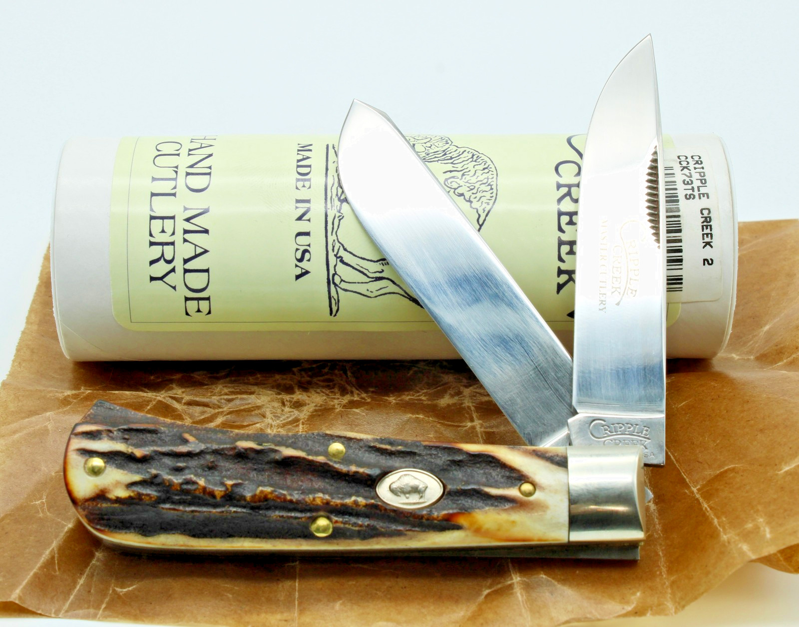 2009 Great Eastern Cutlery # 73 Burnt Sambar Stag Cripple Creek Scout Trapper