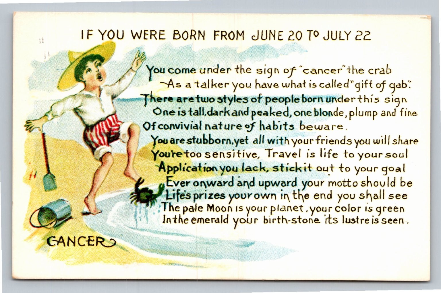 Vintage Zodiac Postcard CANCER The Crab Astrology Horoscope Boy Beach 1910s Vintage Zodiac Postcard CANCER The Crab Astrology Horoscope Boy Beach 1910s