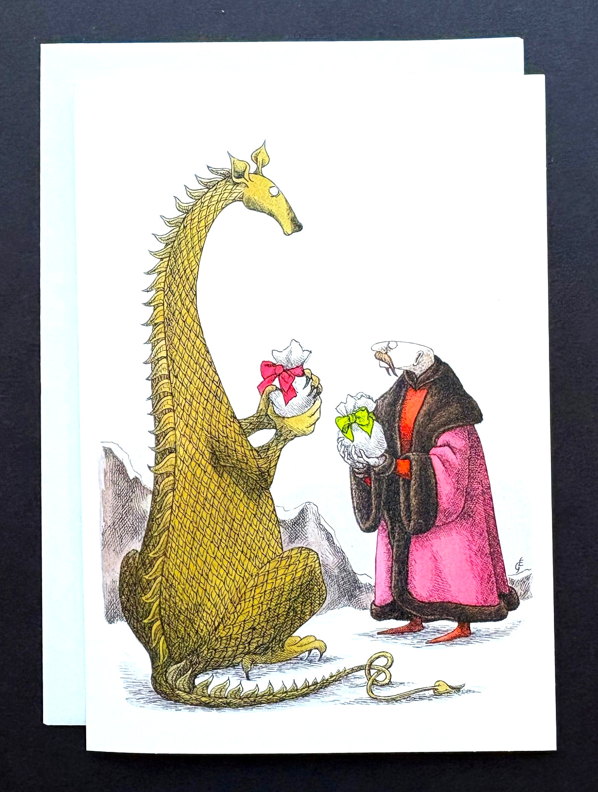 *ONE* NEW Edward Gorey 7x5 Dragon Christmas Holiday Card Weird Funny Mythical 1