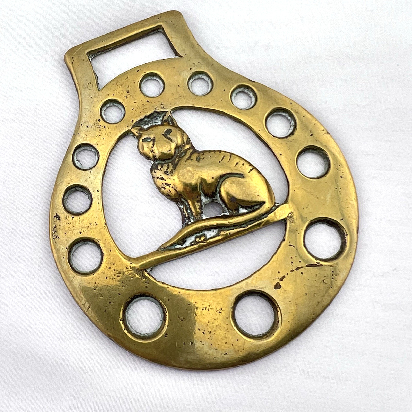Brass Horse Medallion Antique English Cat Kitty Feline Pierced Parade Harness Brass Horse Medallion Antique English Cat Kitty Feline Pierced Parade Harness