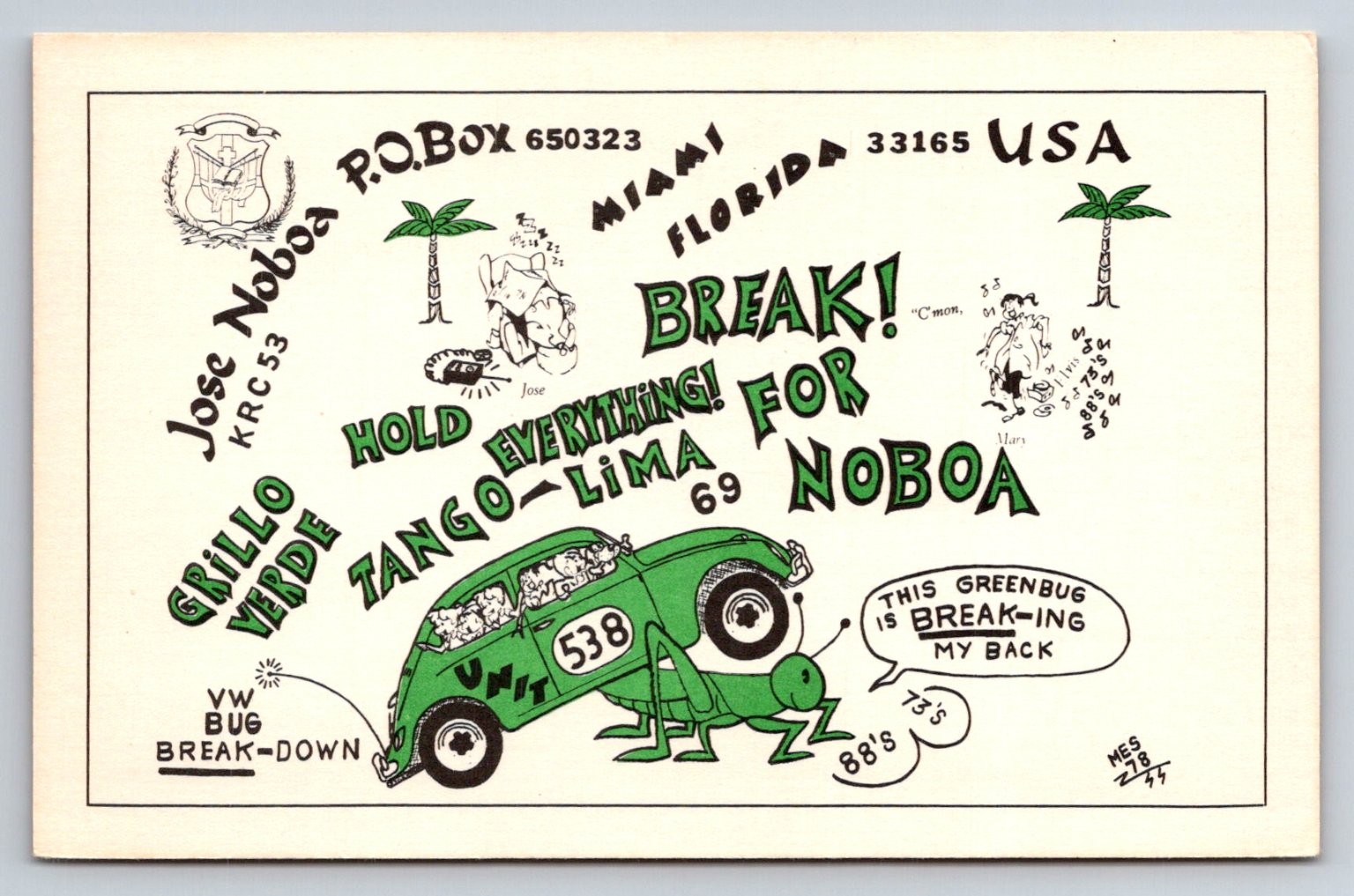 Vintage 1974 VW Bug Breakdown Grillo Verde Ham Radio QSL Postcard Miami FL