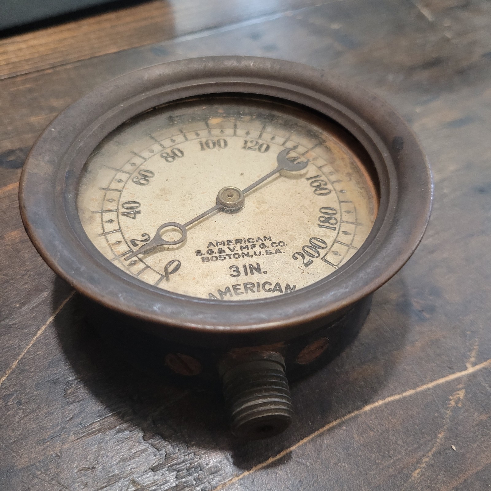 1903 American Steam Gauge & Valve MFG Co Bourdon 0-200lb Brass Rare SG&V Boston