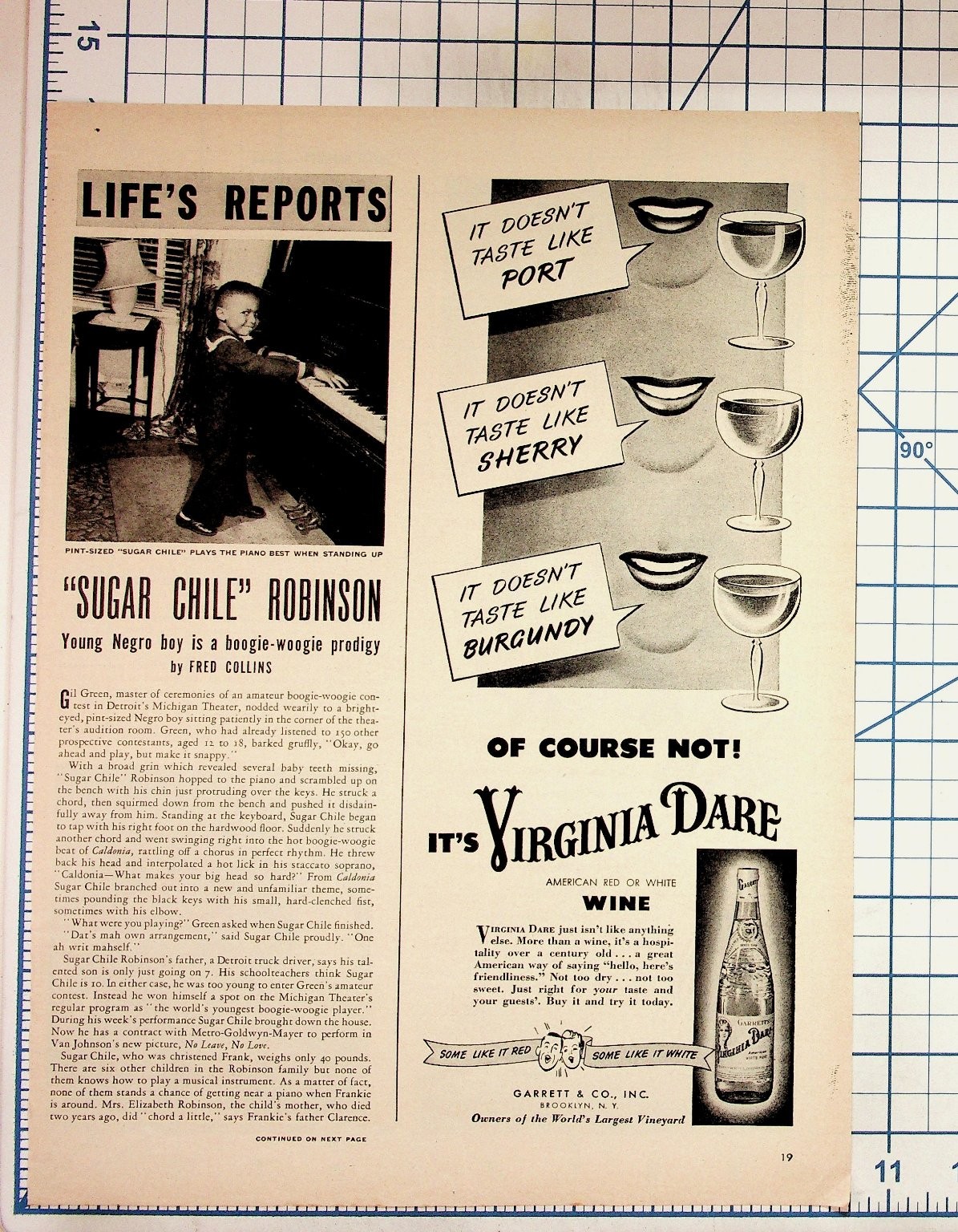 1940s Life Magazine Page Sugar Chile Robinson Pianist & Virginia Dare Wine Ad 1940s Life Magazine Page Sugar Chile Robinson Pianist & Virginia Dare Wine Ad