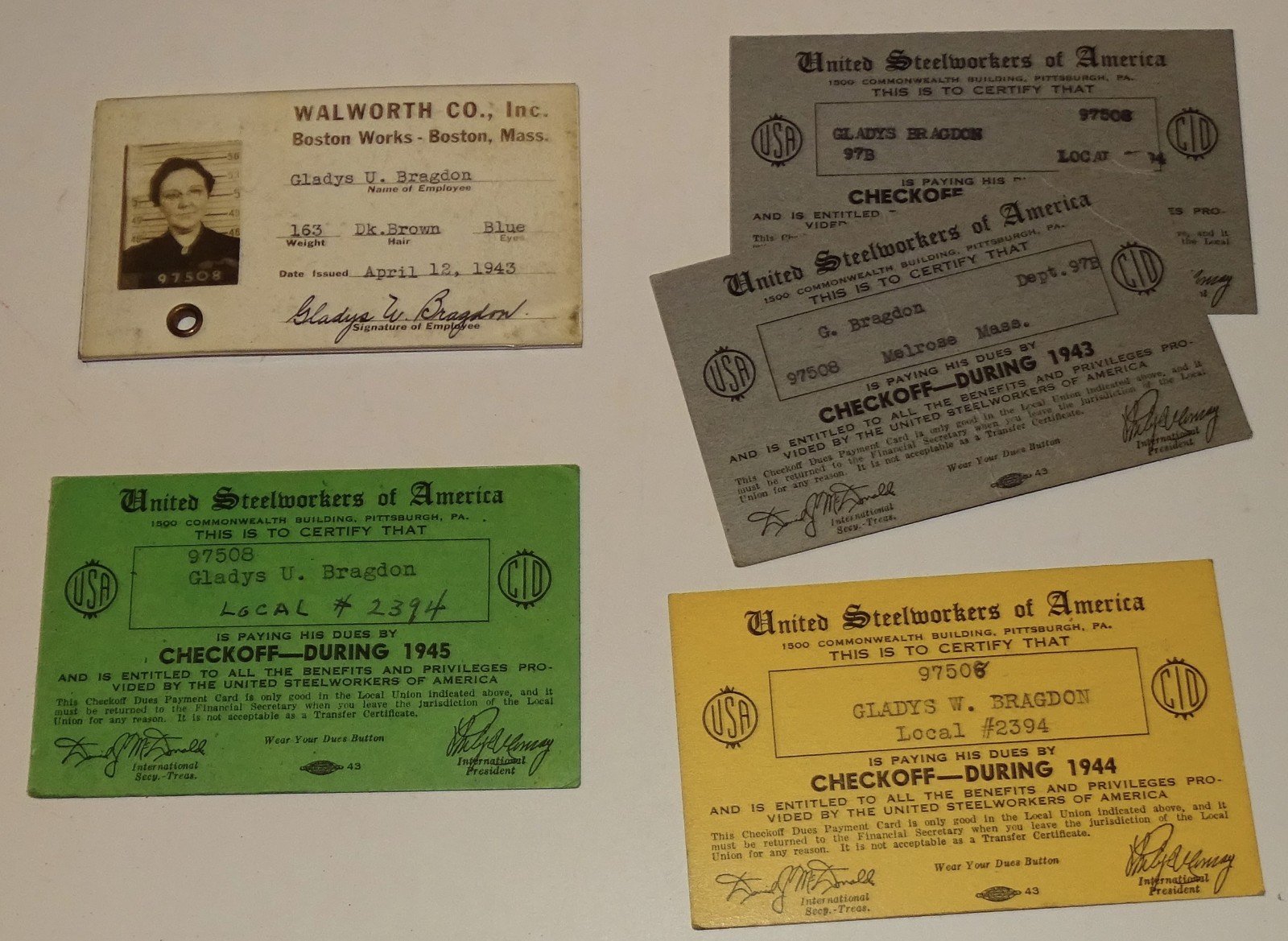 Walworth Company Boston WW II era employee ID & United Steelworkers Dues Cards Walworth Company Boston WW II era employee ID & United Steelworkers Dues Cards