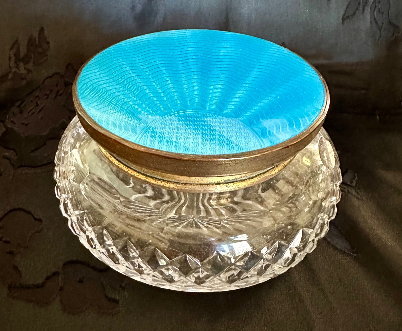 Antique Art Deco English Blue Guilloche Enamel Cut Glass Vanity Jar