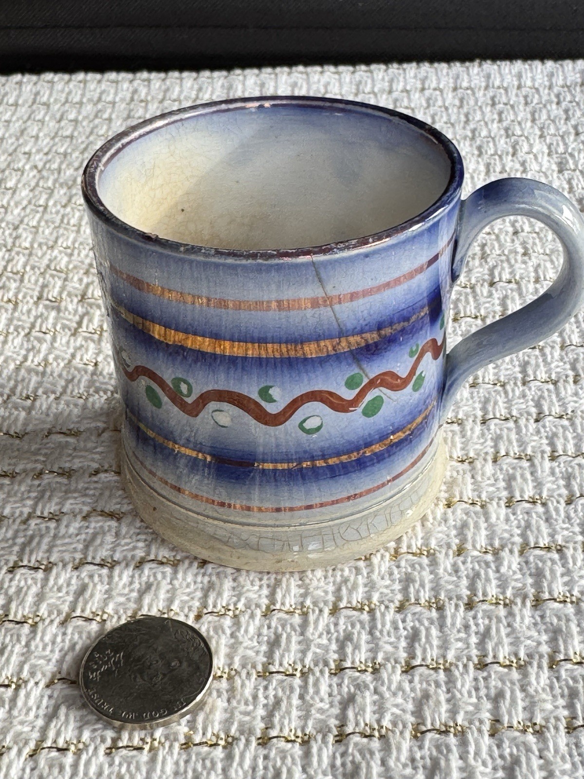Antique Sunderland Lustre Child’s Mug Painted And With Copper Luster Bands Rare