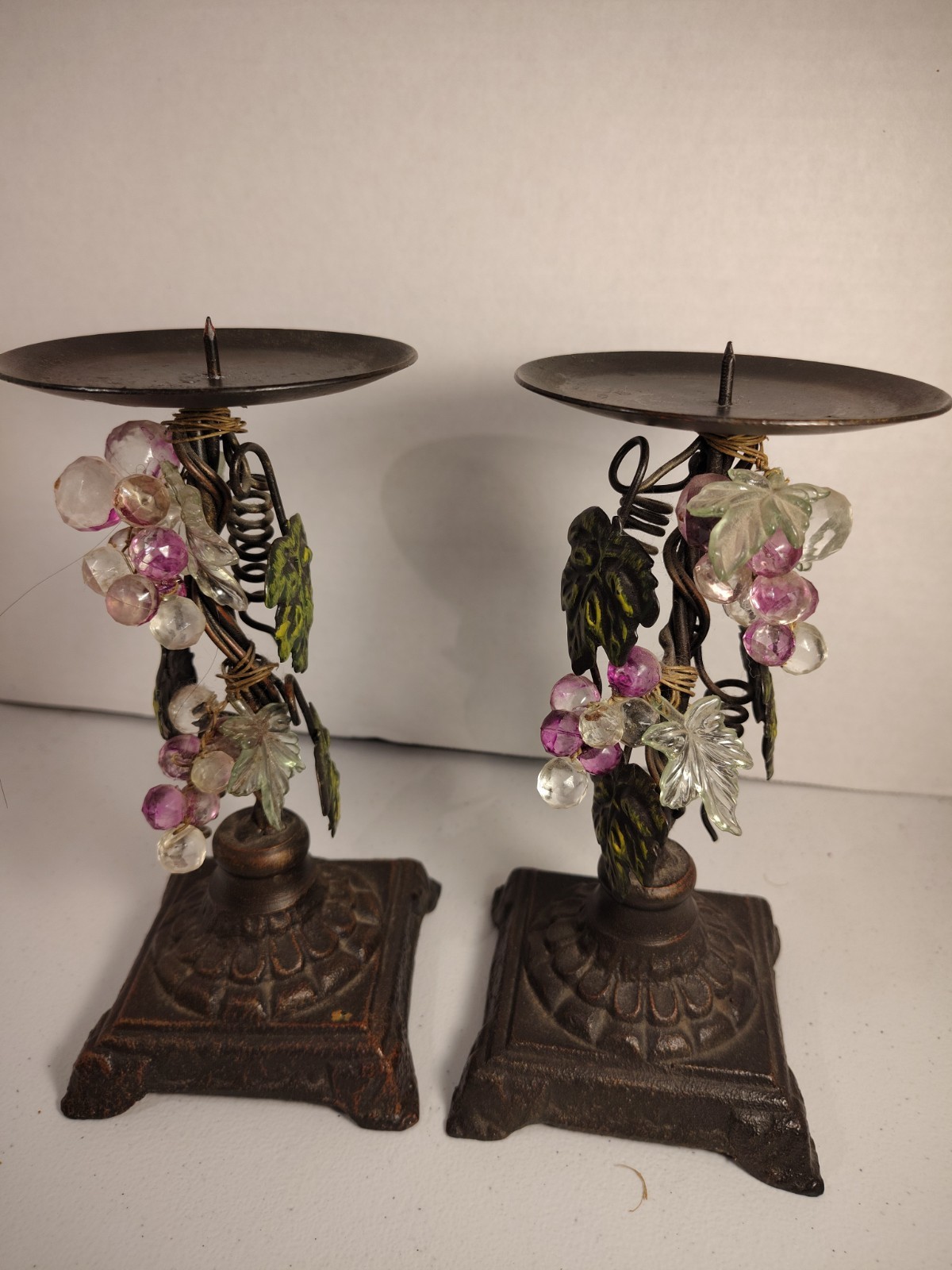 Vtg Tuscan Style Metal Cast Iron Grapevine Pillar Candle Holders Set Of 2