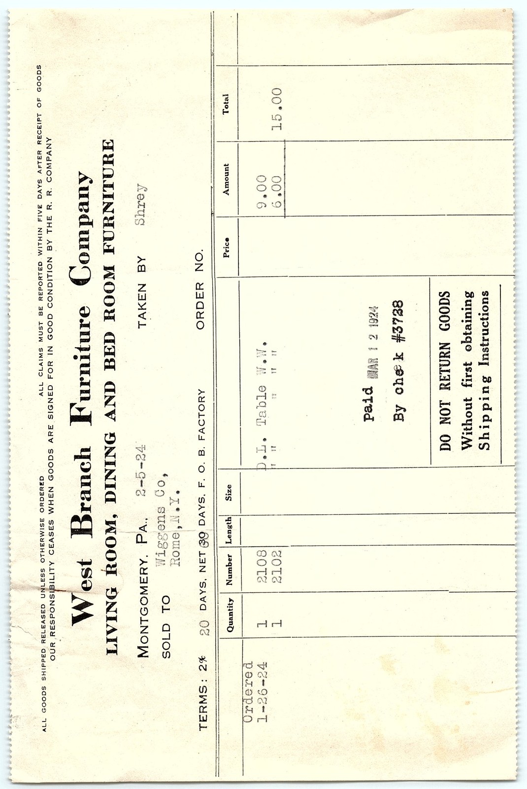 1924 West Branch Furniture Co. furniture billhead