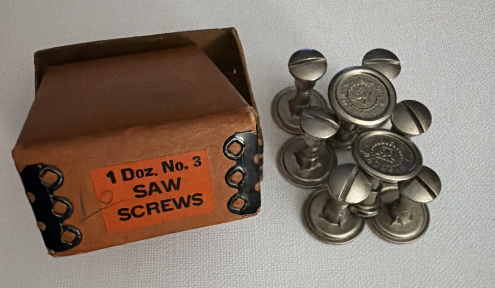 Vintage Disston No 3 Aluminum Saw Screws Medallions 8 Pcs With Original Box NOS