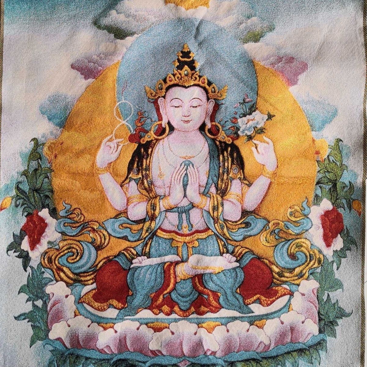 Tibetan Thangka Embroidered Tapestry Compassion Deity Wall Art 90x60cm Decor