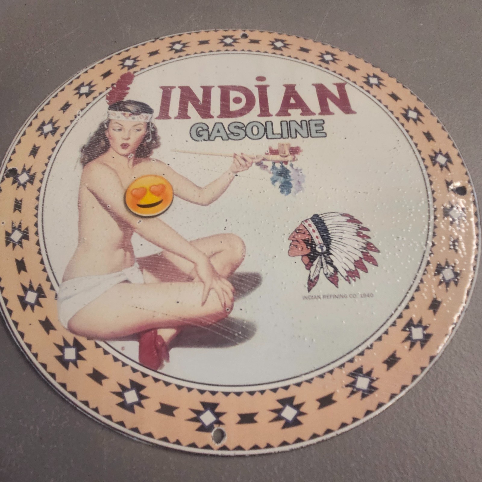 VINTAGE PORCELAIN METAL INDIAN GAS & OIL STATION PUMP PLATE GARAGE MAN CAVE SIGN