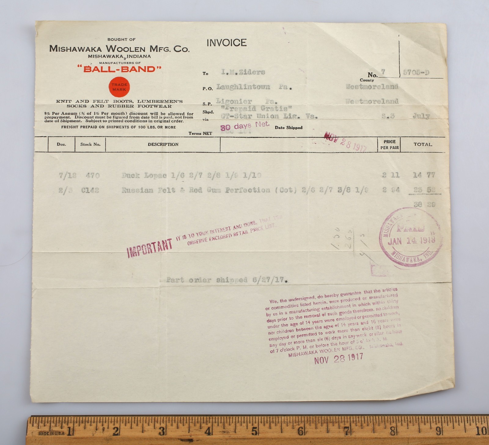 Vintage Letterhead Invoice 1917 Mishawaka Woolen Mfg. Co. Indiana
