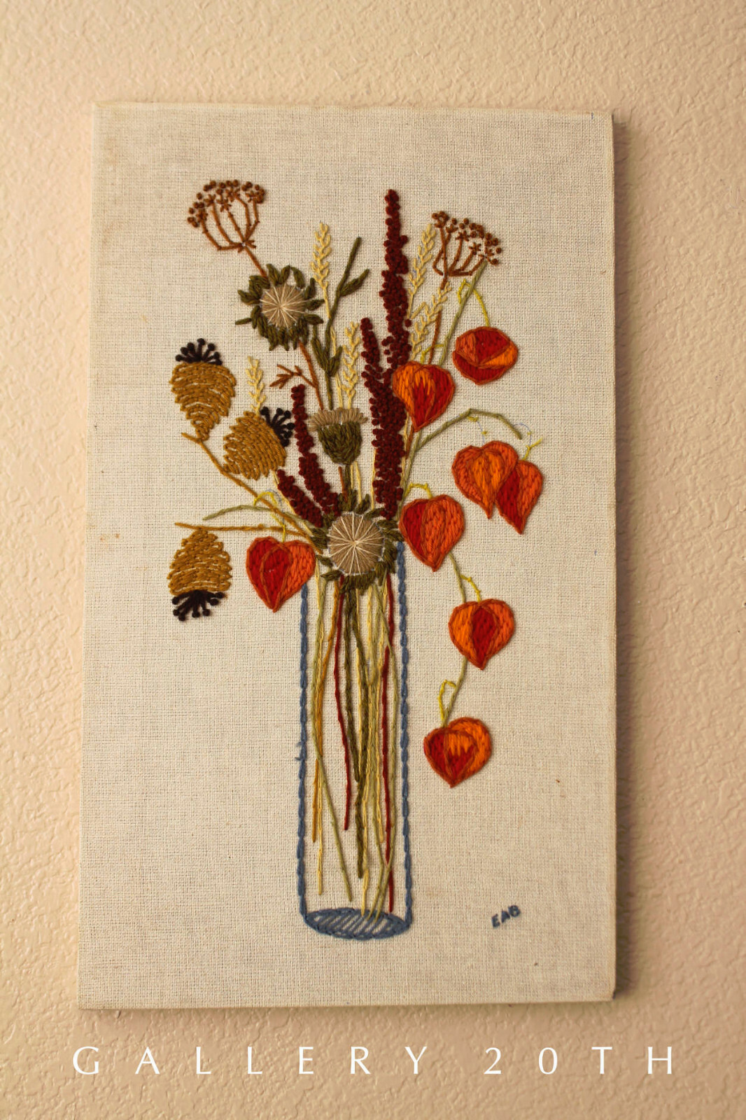 COOL VTG WILD FLOWER TAPESTRY TEXTILE ORANGE BLUE MCM ORIG WALL ART 60's