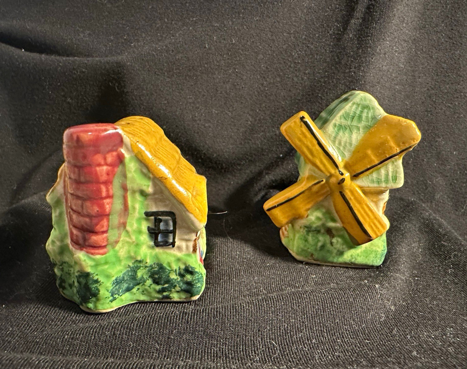 Vintage Japan Cottage Windmill Salt Pepper Shakers Ceramic 1950s Cork Stoppers