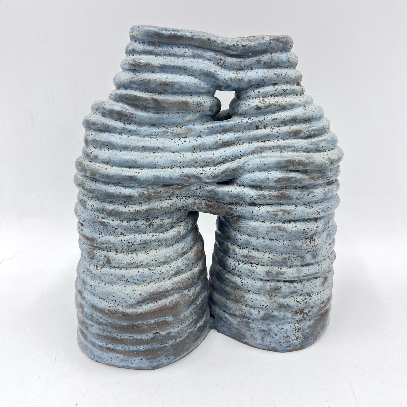 Vtg Brutalist style Coil Pottery Couple Exposed Rope Double Blue Green Vase 7.5”