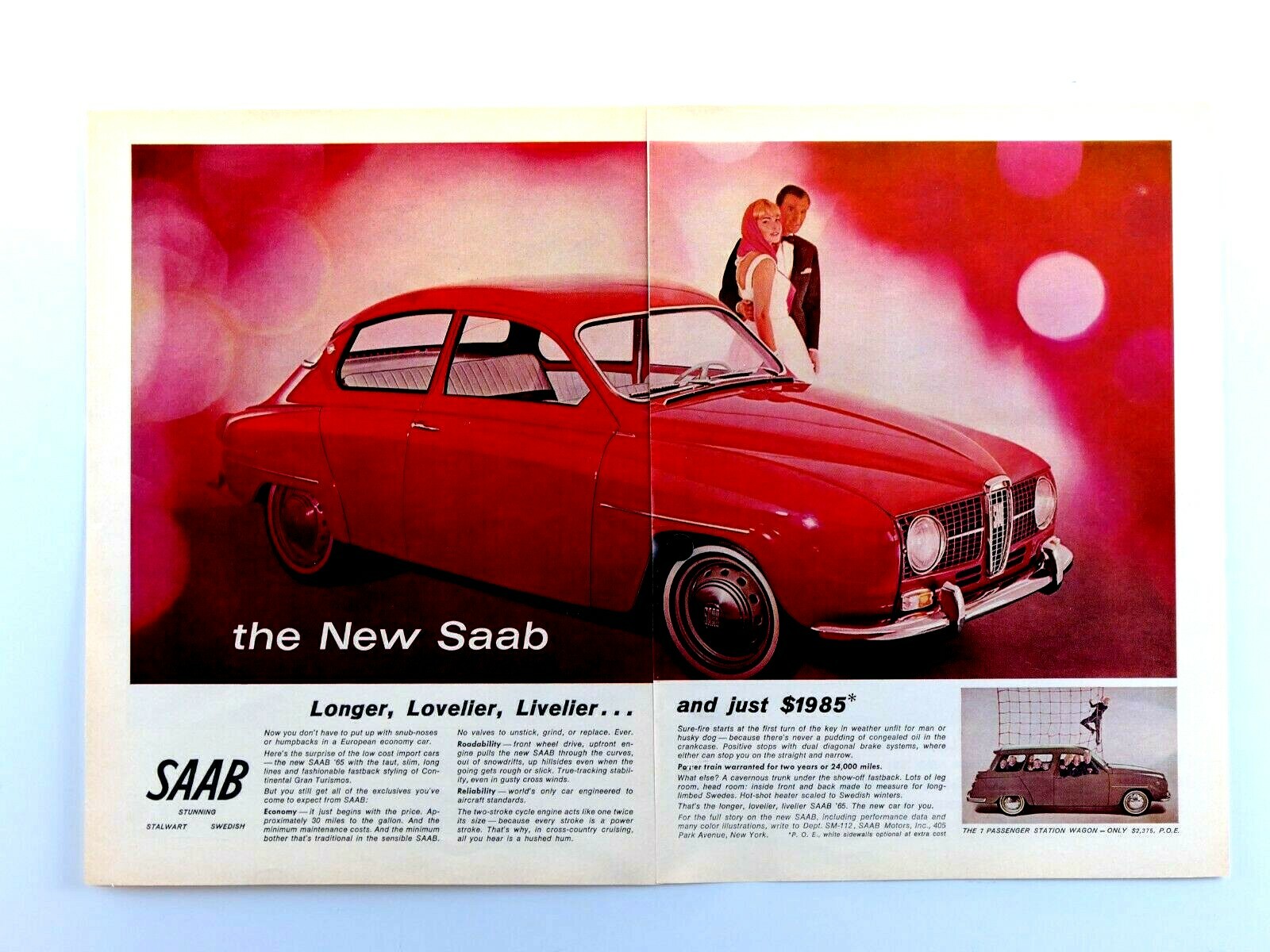 1965 Saab Turismo Vintage Longer Lovelier Livelier-Original Print Ad 8.5 x 11 \
