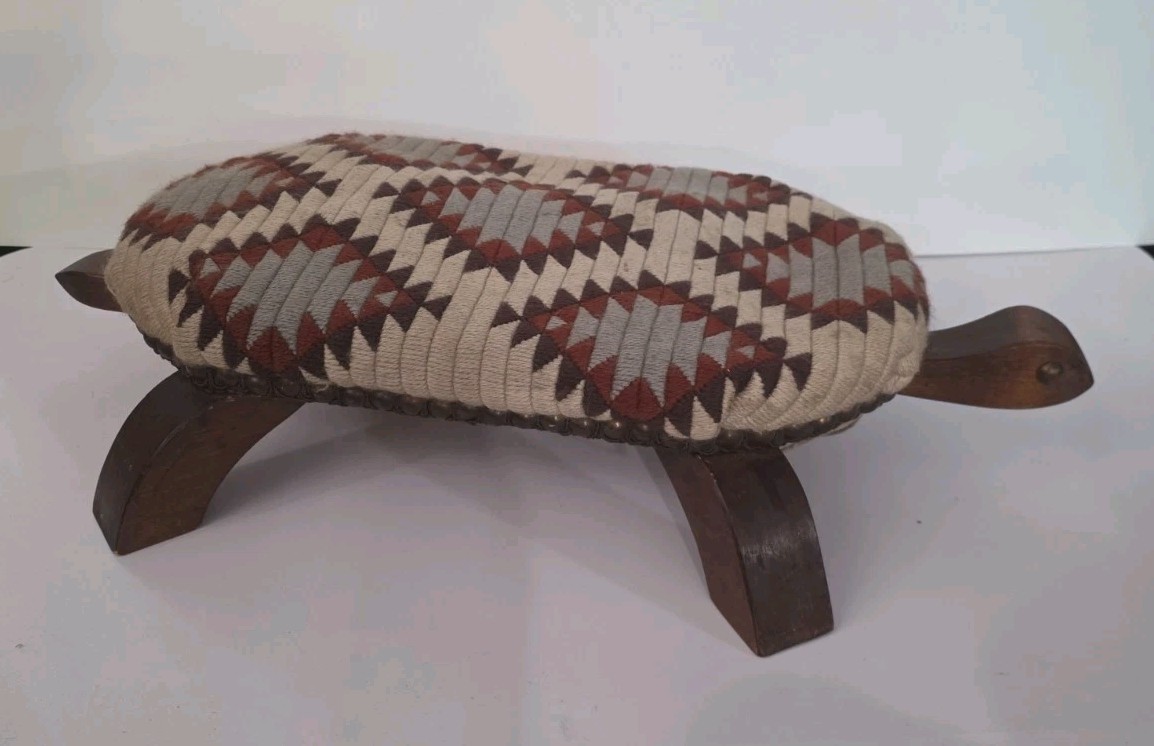 Vintage Carved Wooden Turtle Footstool Ottoman Geometric Fabric 20\