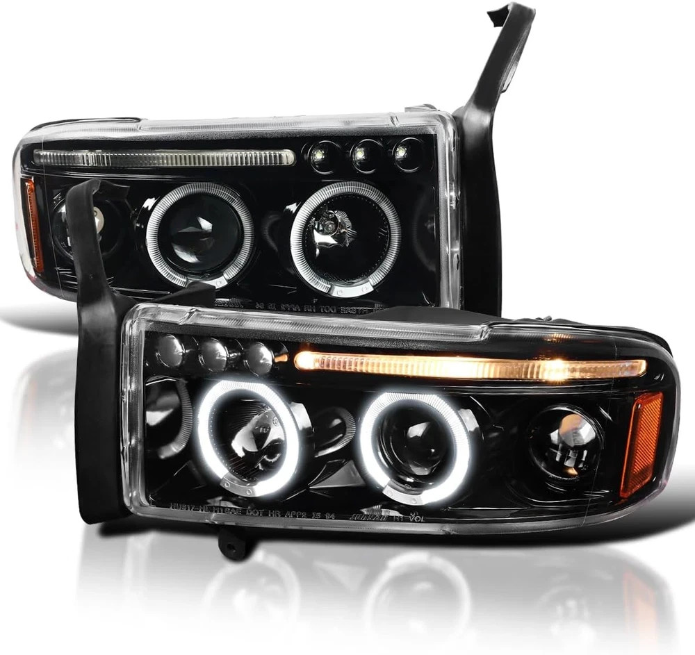 Jet Black LED Dual Halo Projector Headlights Compatible with 1994-2001 Dodge Ram