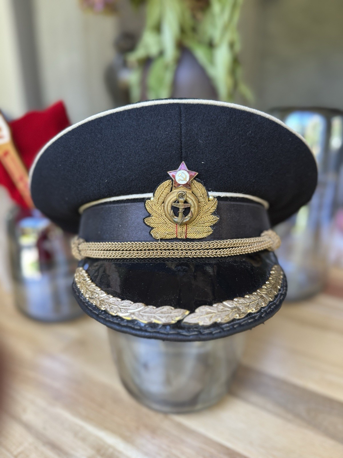 Vintage USSR Soviet Navy Officer Admiral Peaked Visor Cap Hat Officer Embroidery