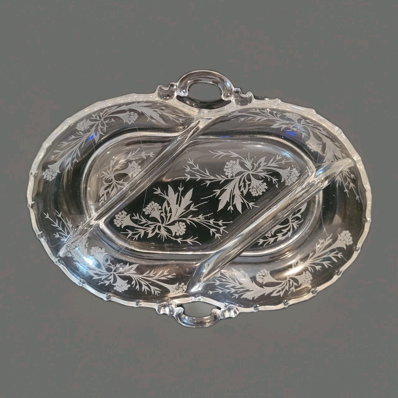 Fostoria Heather 3 Part Divided Relish Tray Dish Frosted Flowers Glass w/Handles