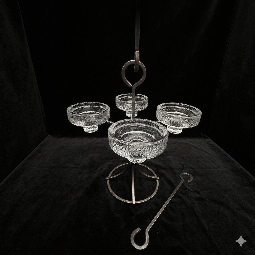 Erik Hoglund Boda Glassworks 4 Arm Iron Candelabra 3 Hanging Rods Kosta Boda