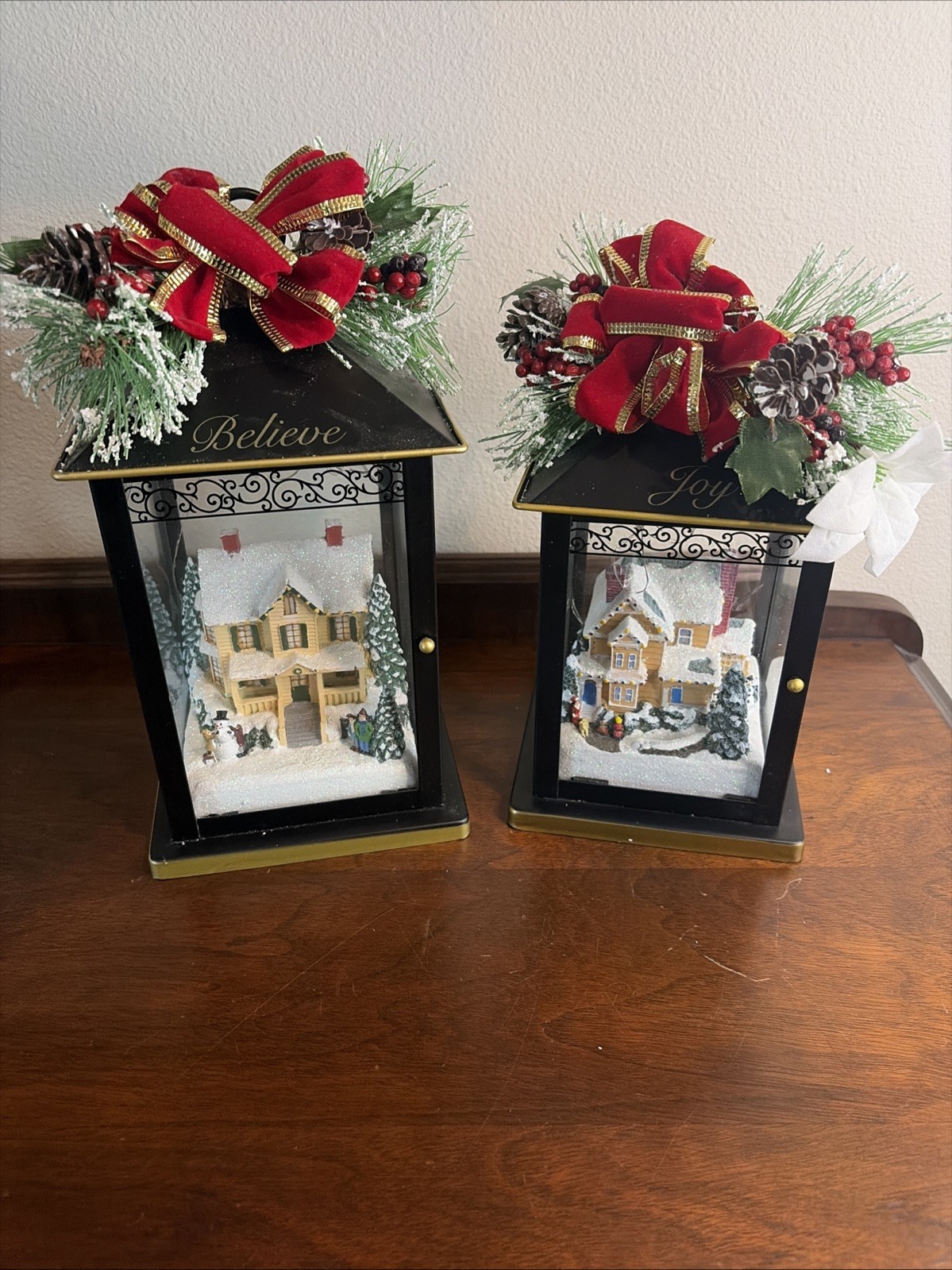 Thomas Kinkade Christmas Lantern “Joy” & “Believe” Bradford Exchange Set Of 2