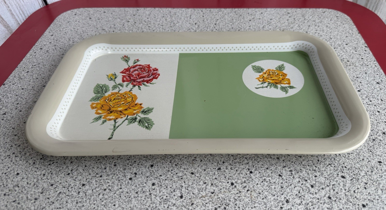 Vintage Mid Century Metal Rectangular Serving Tray Floral Rose Green Cream 14x9