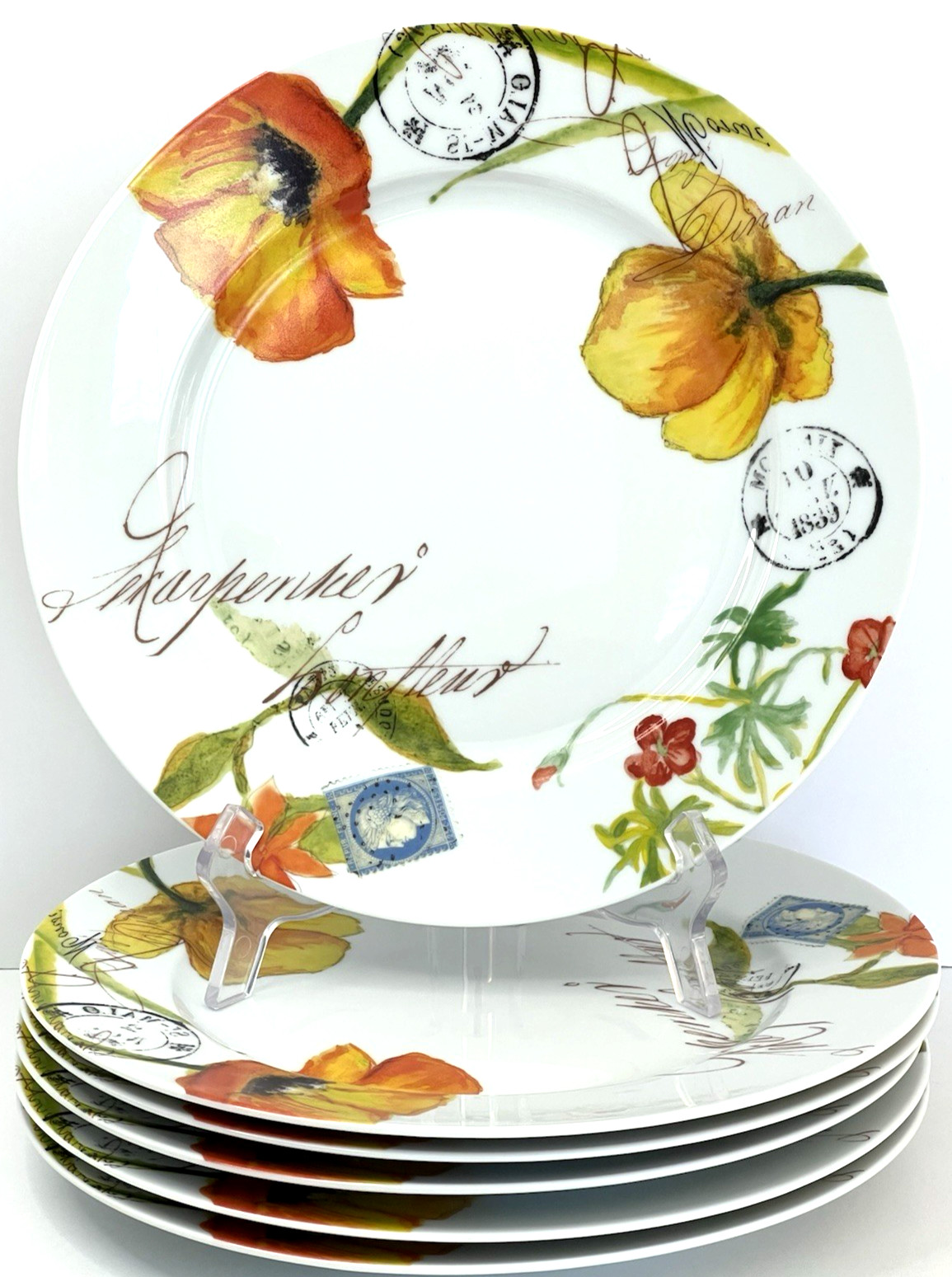 Bernardaud Limoges France Jardin des Fleurs Dinner Plates Set Of (6) 10.38” MINT