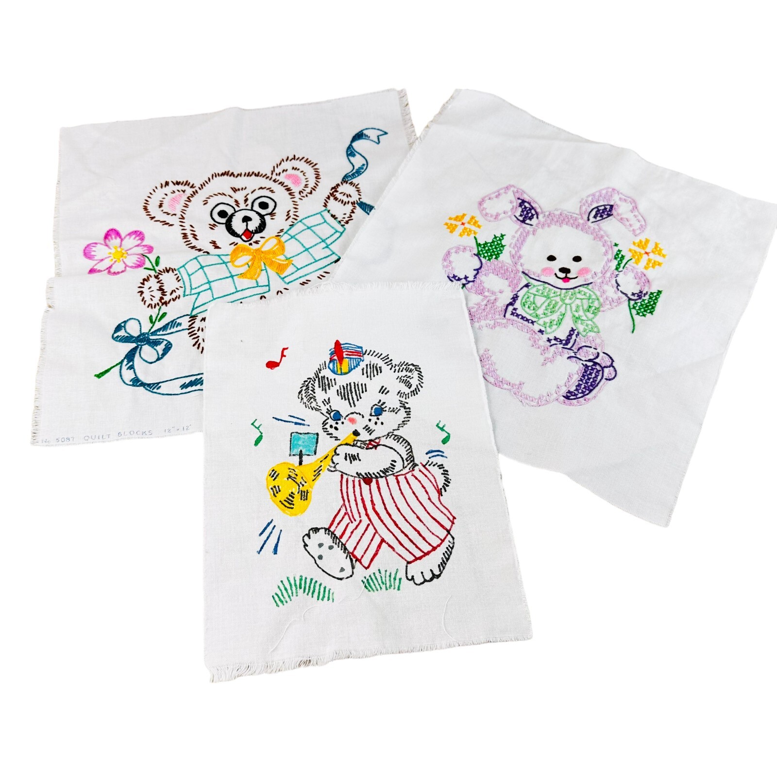 3 vtg cloth panels embroidery puppy bunny teddy bear quilt