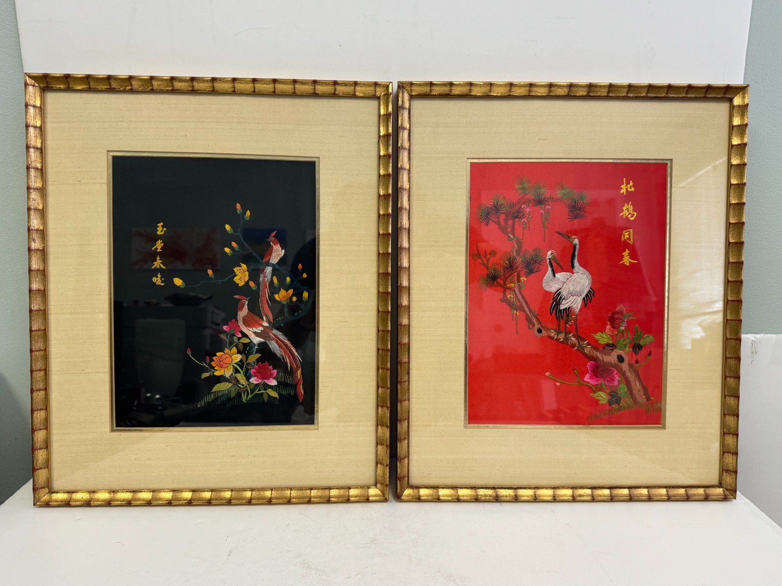 x2 Vtg Framed Silk Thread Embroidery On Red Silk & Black Colorful Birds 18x15