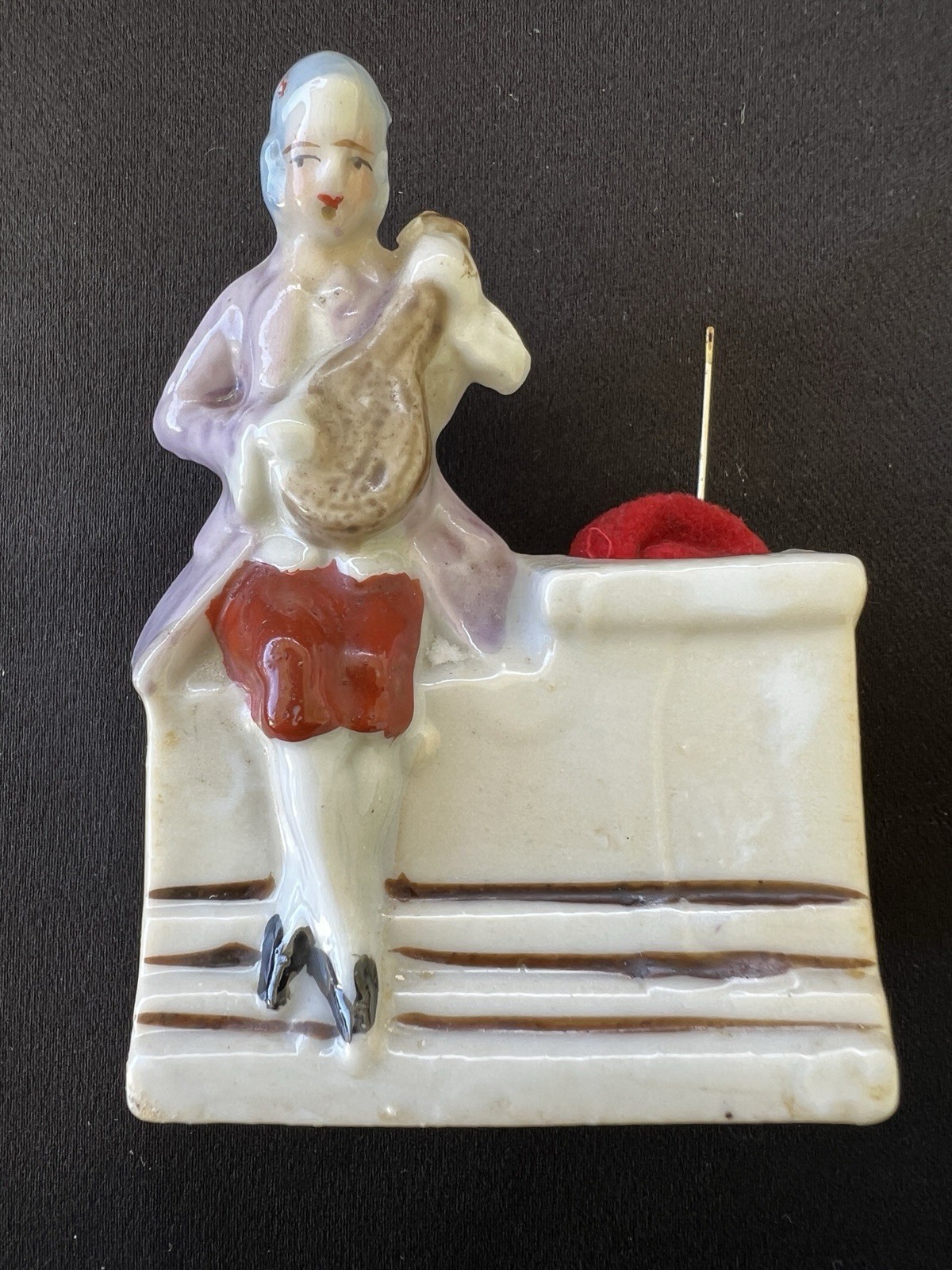 Vtg Hand Painted Porcelain Pincushion Colonial/English Man Lyre JAPAN 3 3/4\ Vtg Hand Painted Porcelain Pincushion Colonial/English Man Lyre JAPAN 3 3/4\