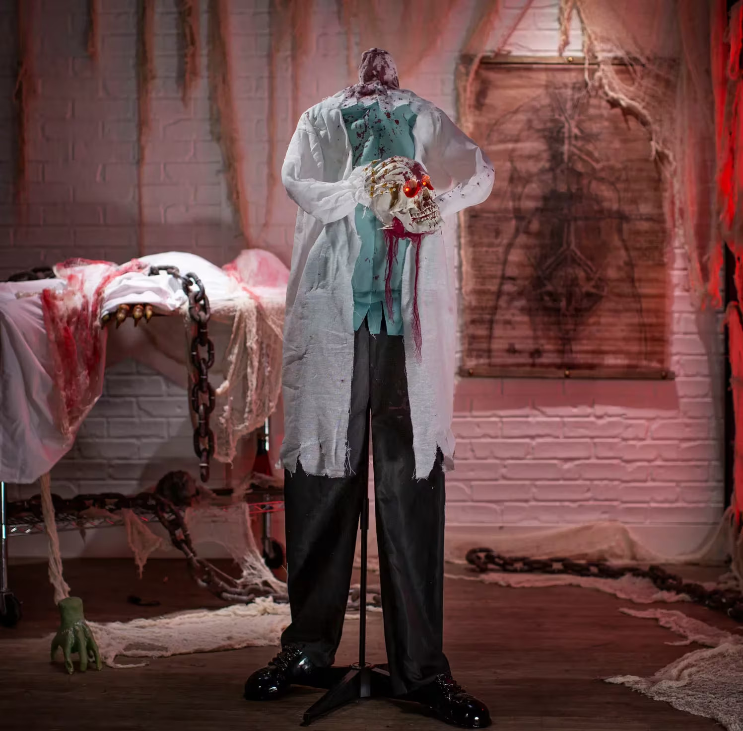 5 Ft Animated Headless Skeleton Doctor Halloween Decoration, Light-Up Prop