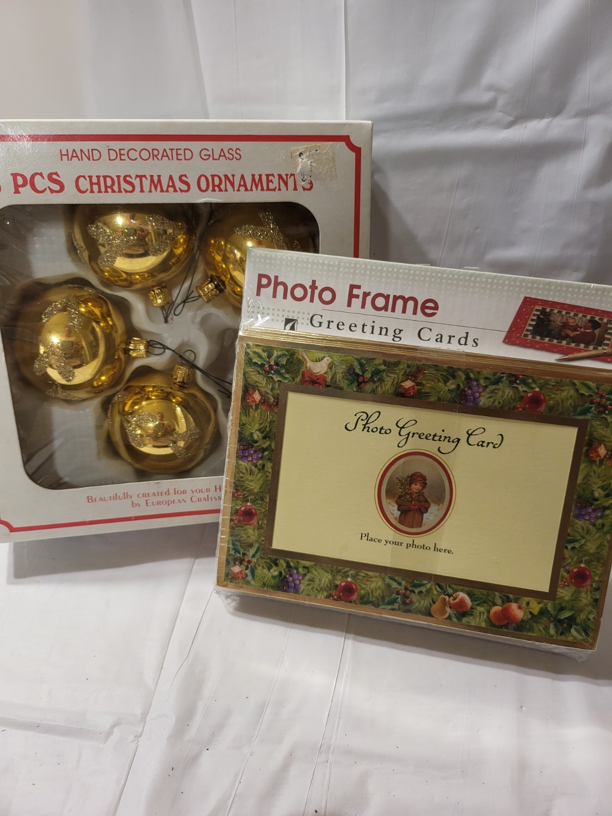 Vtg NOS christmas photo cards + 4 Vtg shiny gold ornaments w/ glitter stencil Vtg NOS christmas photo cards + 4 Vtg shiny gold ornaments w/ glitter stencil