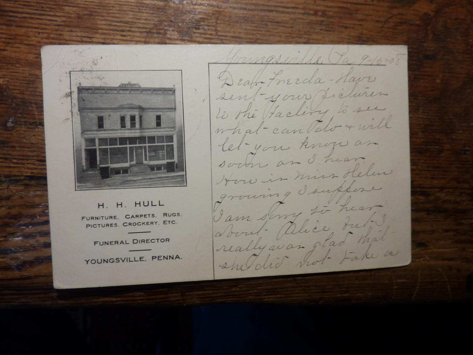 RARE--H.H.HULL-FUNERAL DIRECTOR-YOUNGSVILLE,PA. POSTCARD-1908