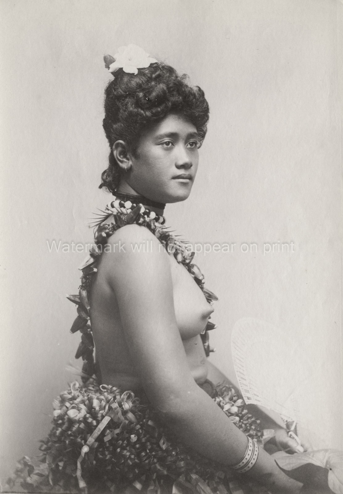 Pacific Islands Fiji Tahiti Woman Traditional Dress Lei Vtg. Photo 19thC.
