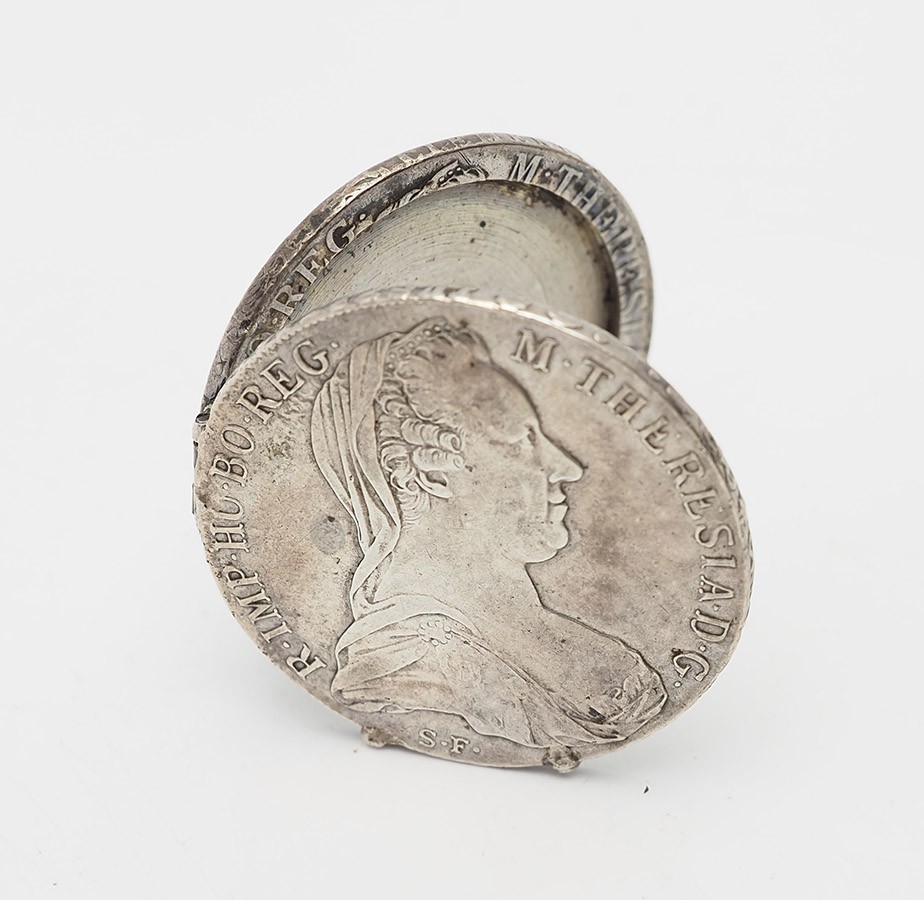 Antique silver Maria Theresa thaler coin travel mini picture frame stand Austria