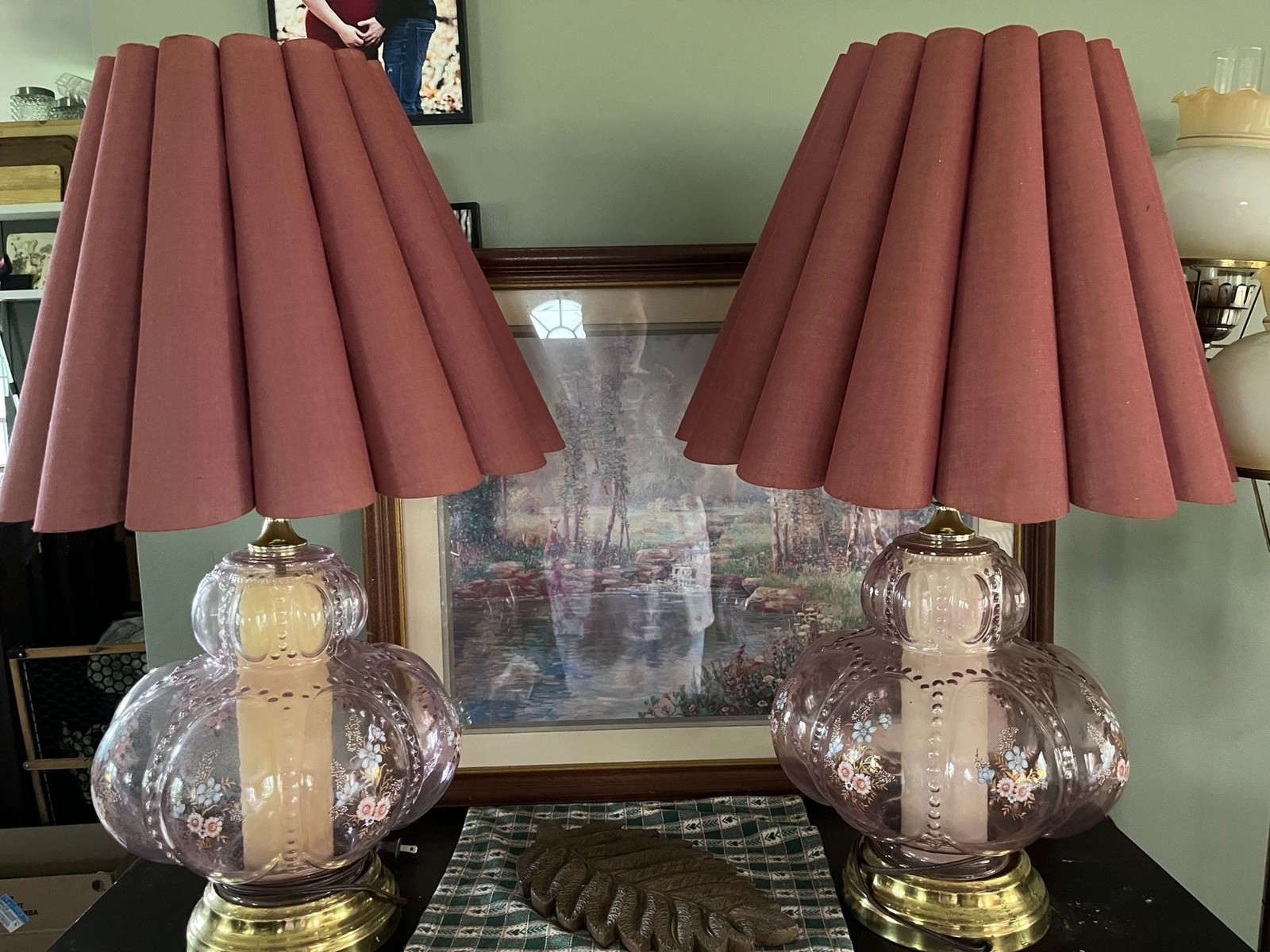 Vintage Pair of Carl Falkenstein Pink Glass Gourd Lamps with Floral Accented wit