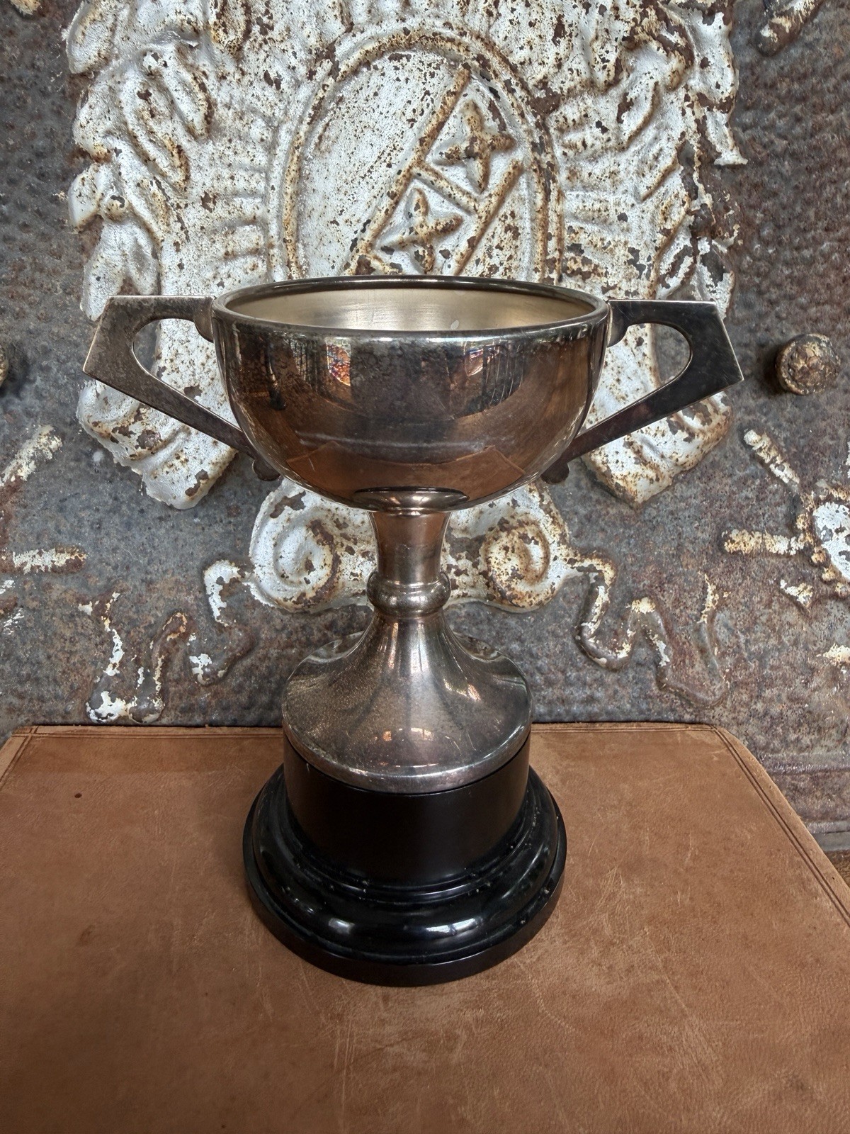 Vintage Loving Cup Flat Handled Silver Plated English Trophy w/ Stand