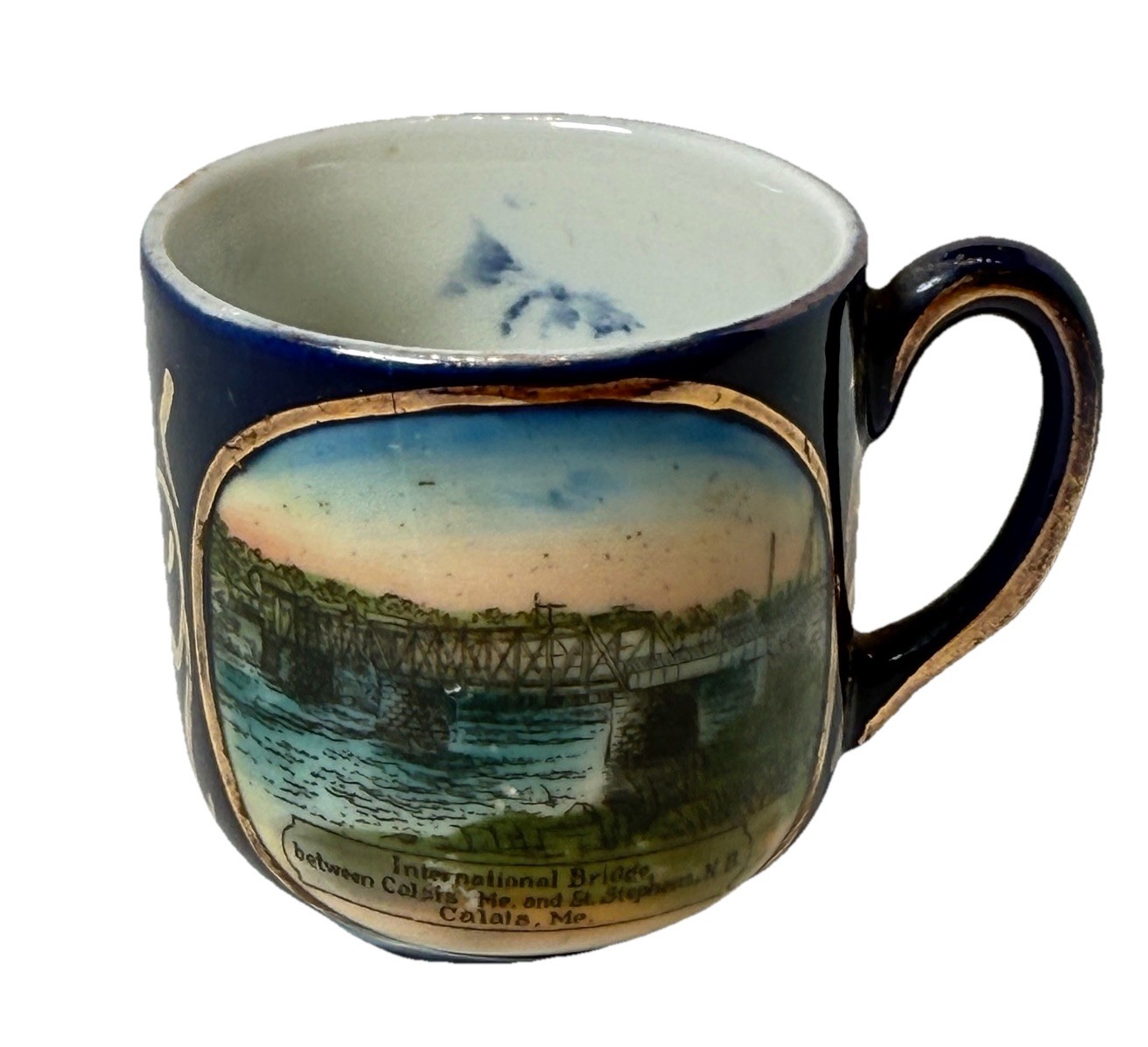 CALAIS MAINE ME Antique INTERNATIONAL BRIDGE Souvenir TRINKET COBALT TEA CUP