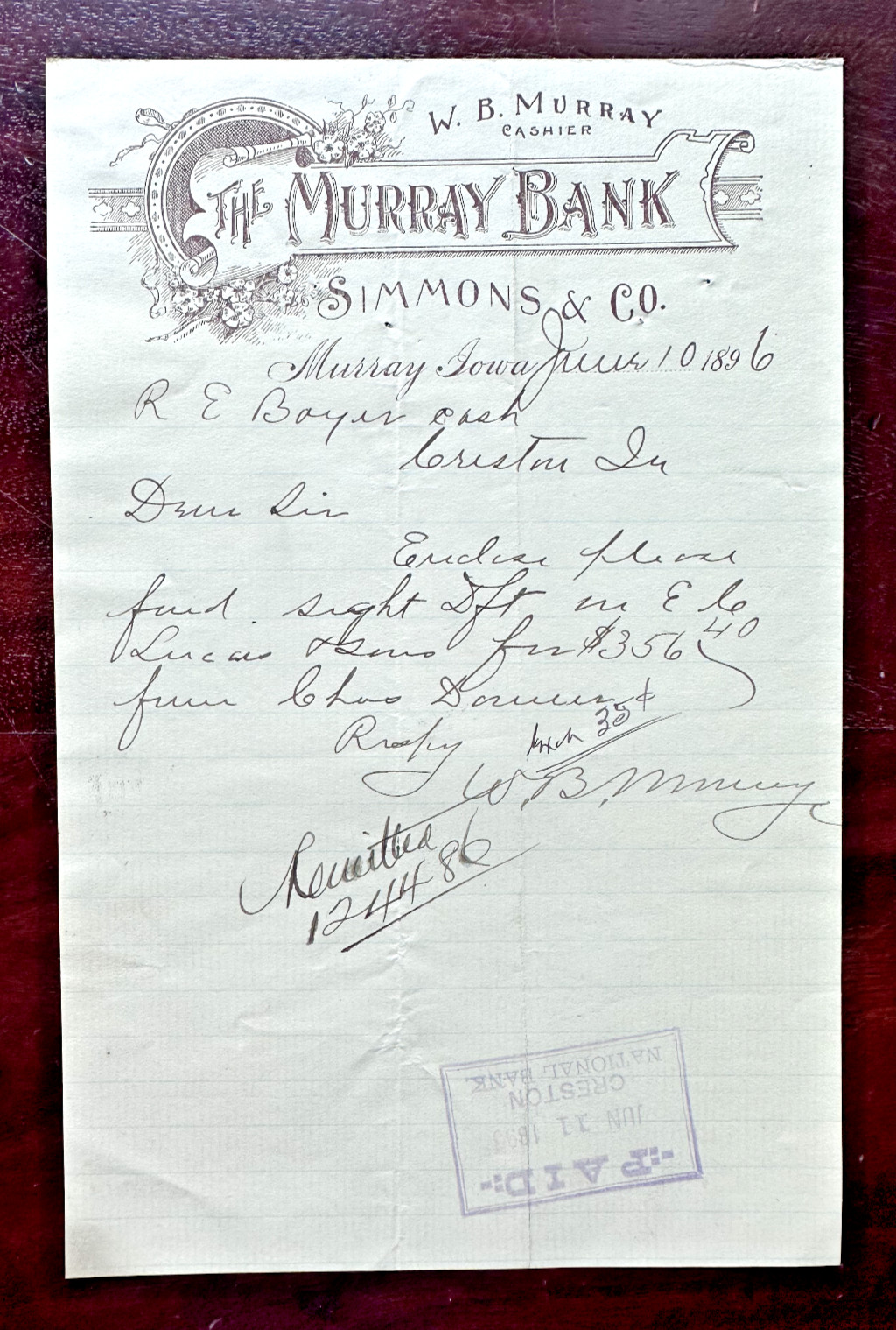 1896 THE MURRAY BANK IOWA IA + CRESTON NAT BANK IA CORRESPONDENCE DOCUMENT FP53