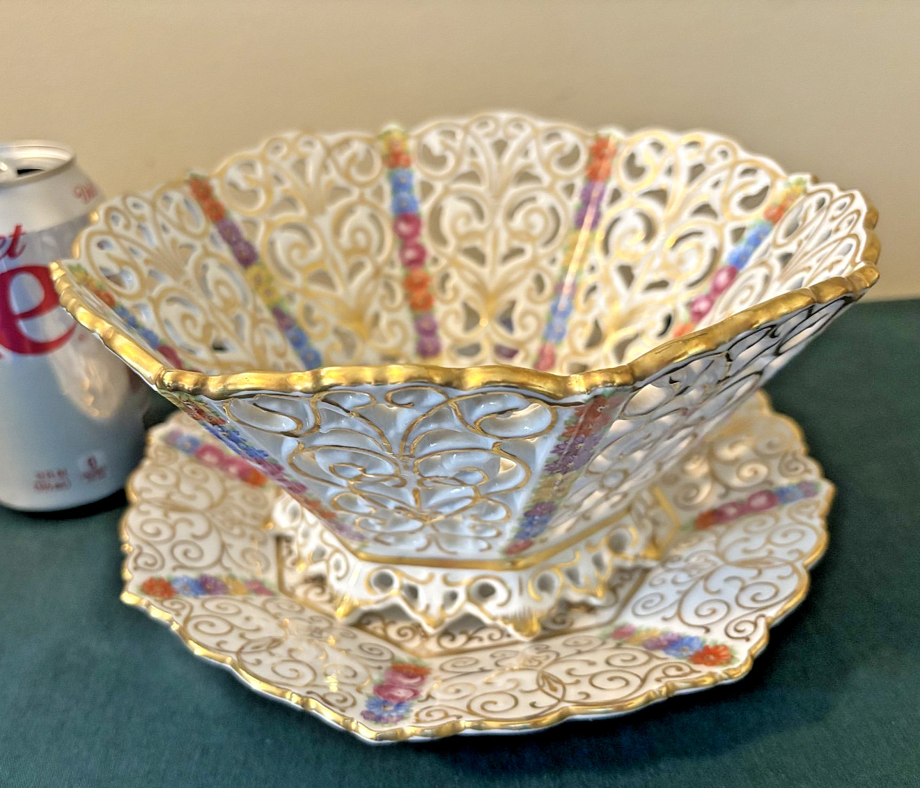 Dresden Flowers, Schumann Bavaria PIERCED RETICULATED BOWL & Underplate PERFECT